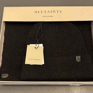 All Saints Black Hat and Scarf Set